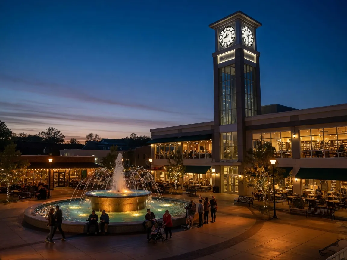 Rockville Town Square at dusk with its fountain plaza and glowing storefronts
