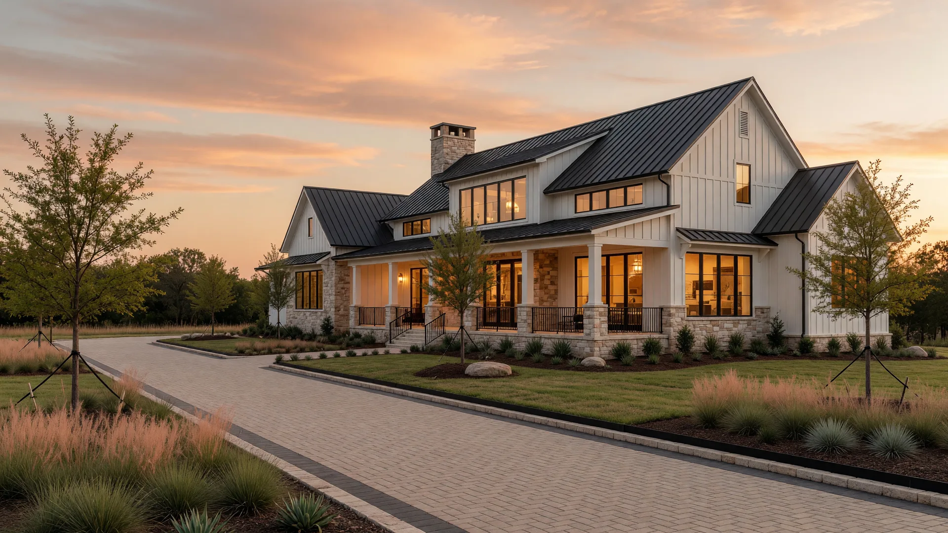 Luxury new construction home in Denton County, Texas at golden hour with white board-and-batten siding, stacked-stone accents and warmly lit windows