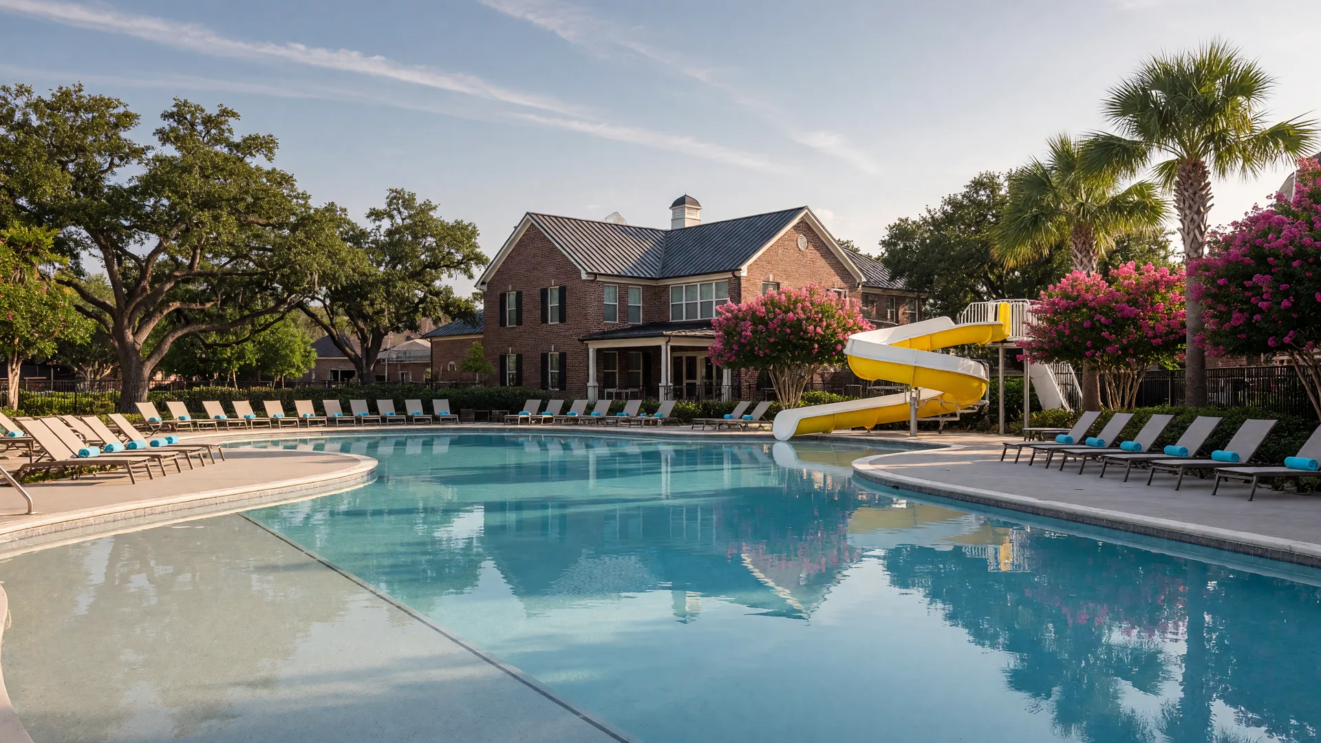 A resort-style community pool with a zero-entry edge, loungers and a clubhouse, in late morning light