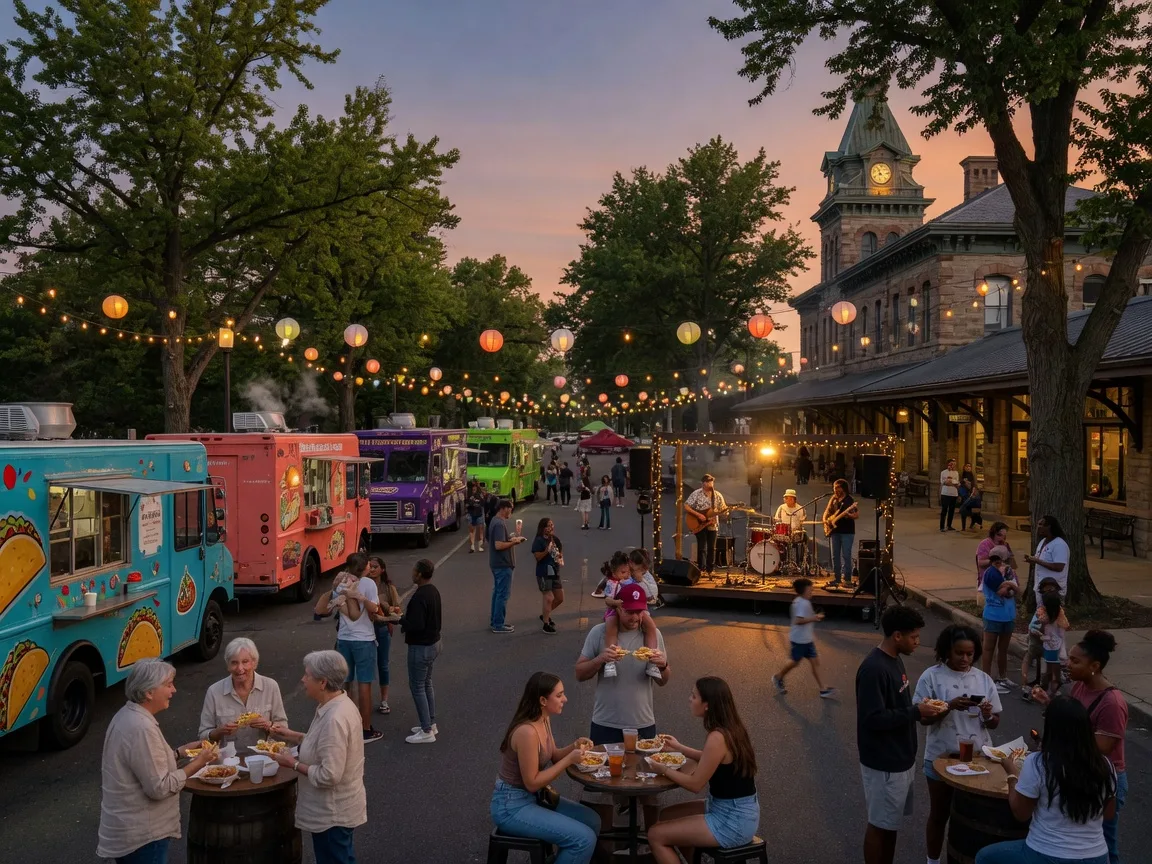 Food truck festival in downtown Glenside with colorful trucks lined up under string lights near the historic train station, families and neighbors eating and gathering on a warm evening