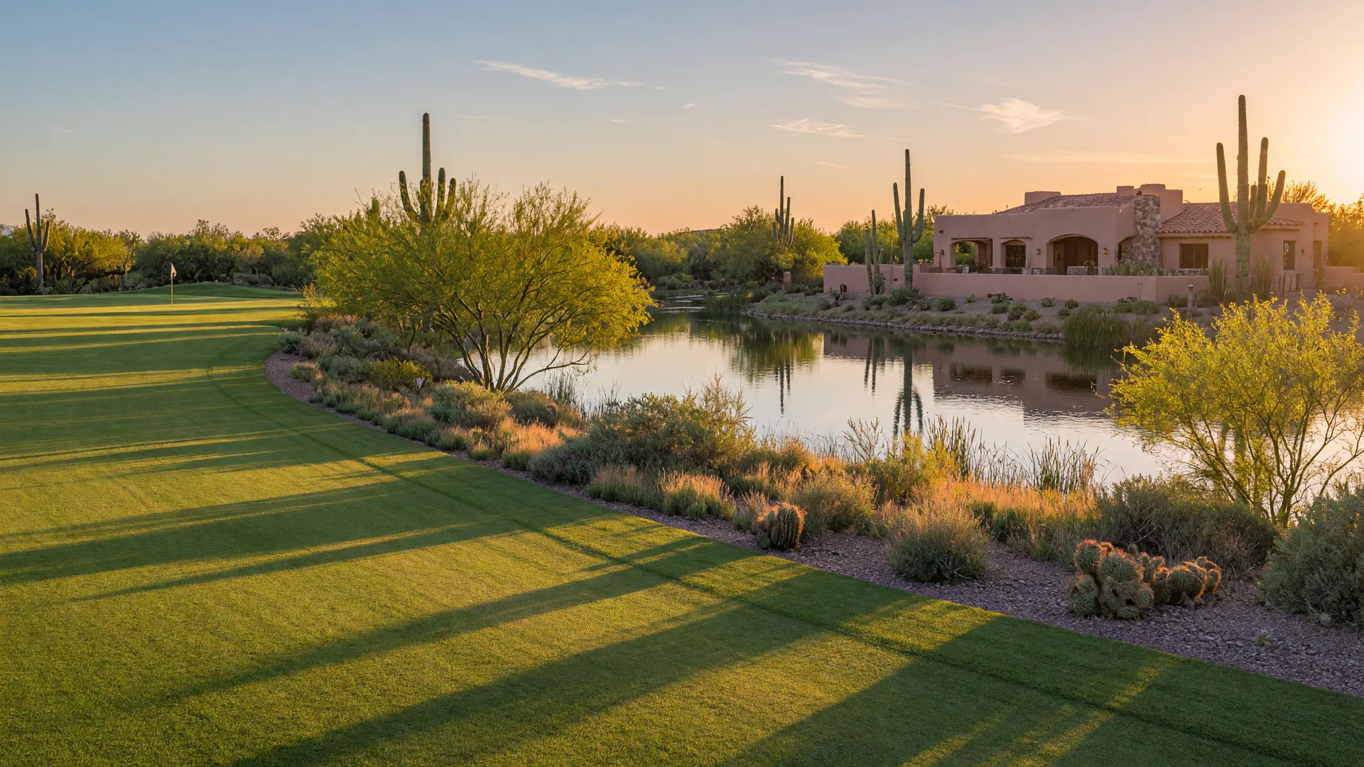 A golf course community in Arizona's East Valley at golden hour, with fairways, desert landscaping, and a lake