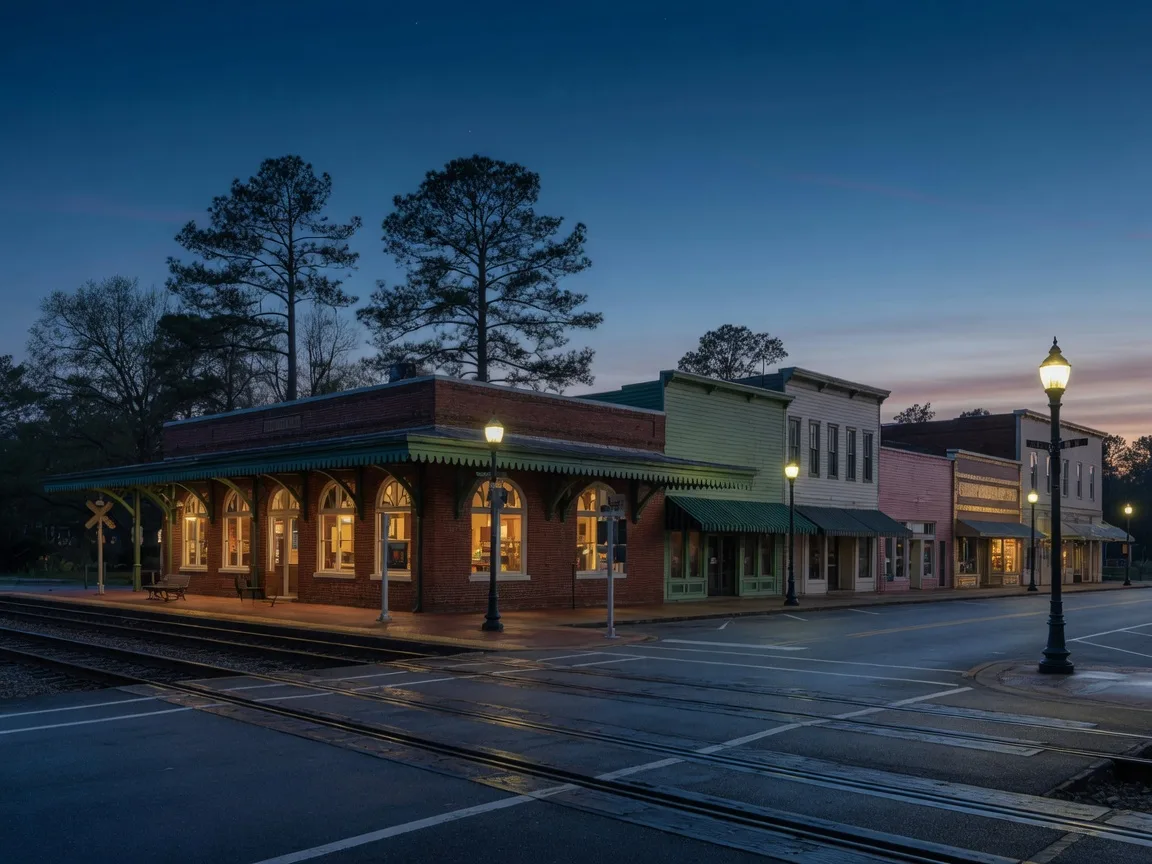 Blue-hour view of a restored brick railroad depot in Aberdeen with warm lit windows