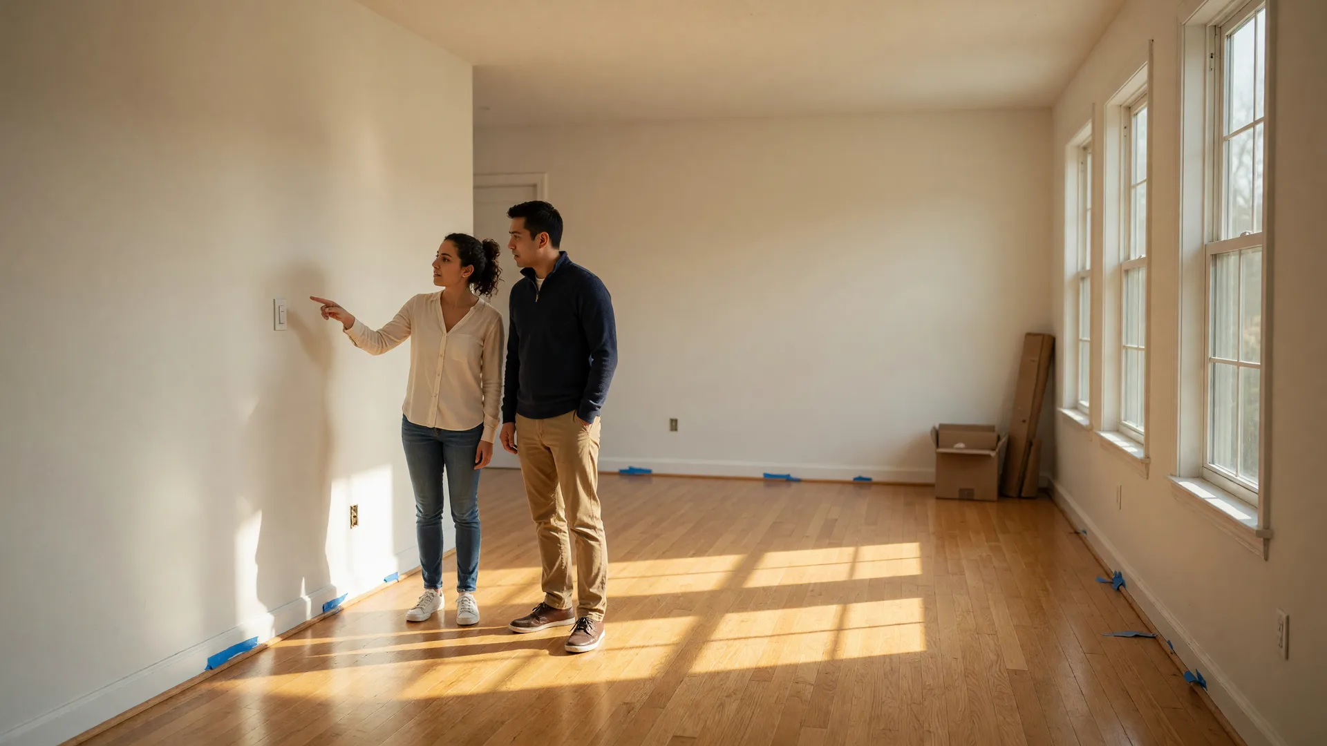 Couple doing a final walkthrough of a bright empty living room with hardwood floors