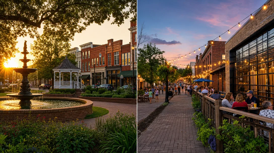 Split scene: Marietta's historic Square with Glover Park and red-brick storefronts on the left and Woodstock's revitalized downtown with string lights on the right under warm evening light