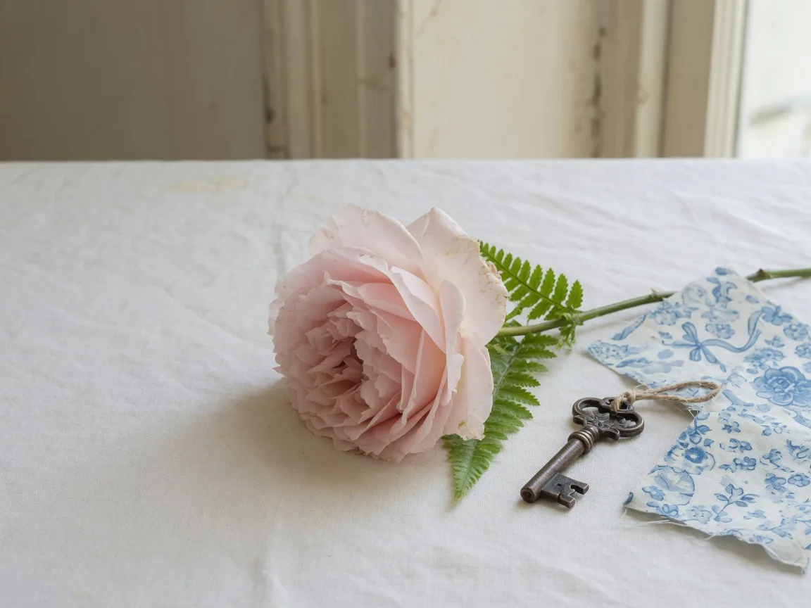 A still life of a blush rose stem, fern sprig, and bronze house key on pale linen beside a blue chintz fragment.