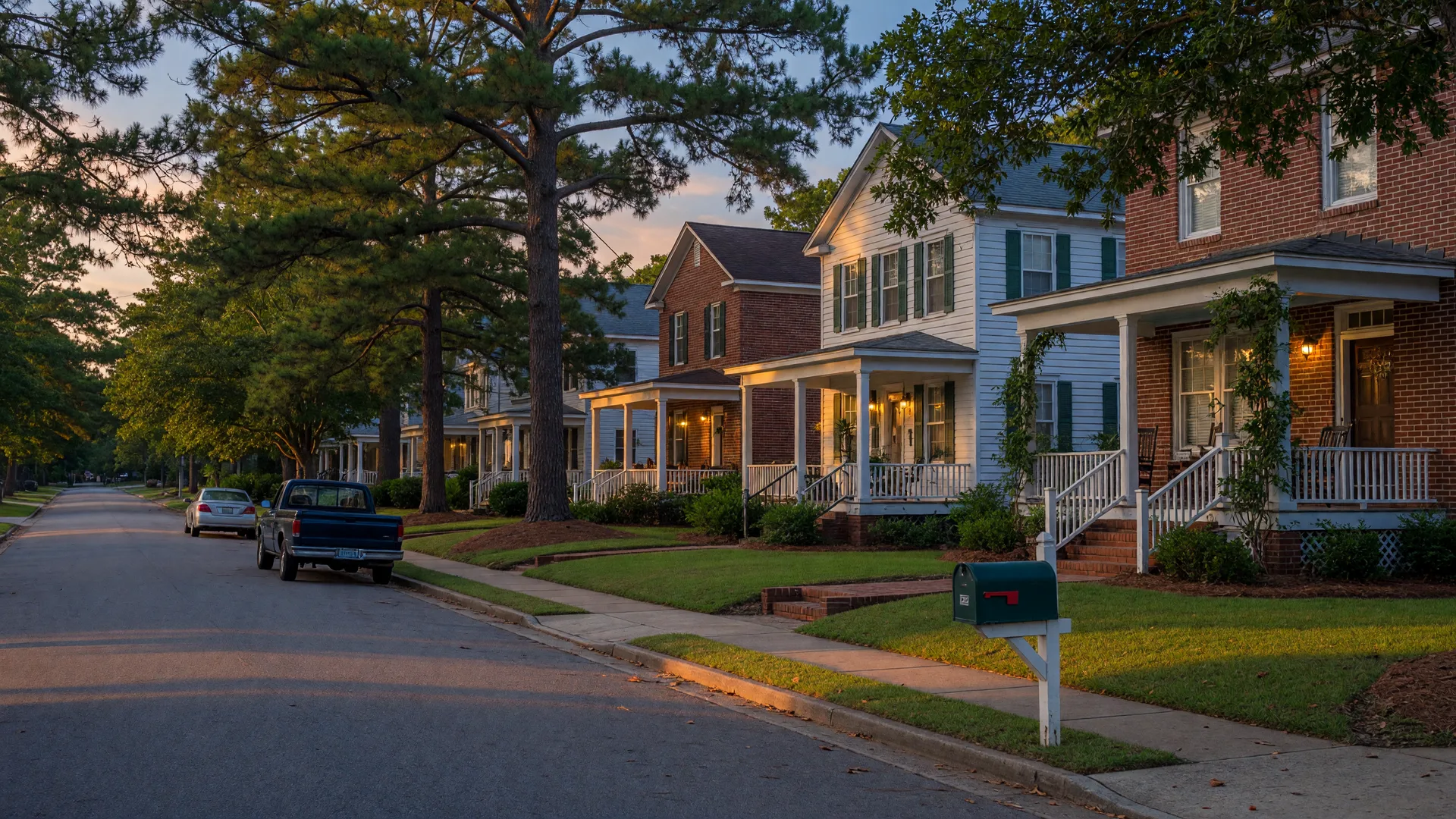 A quiet street of brick and white-frame homes shaded by longleaf pines at golden hour