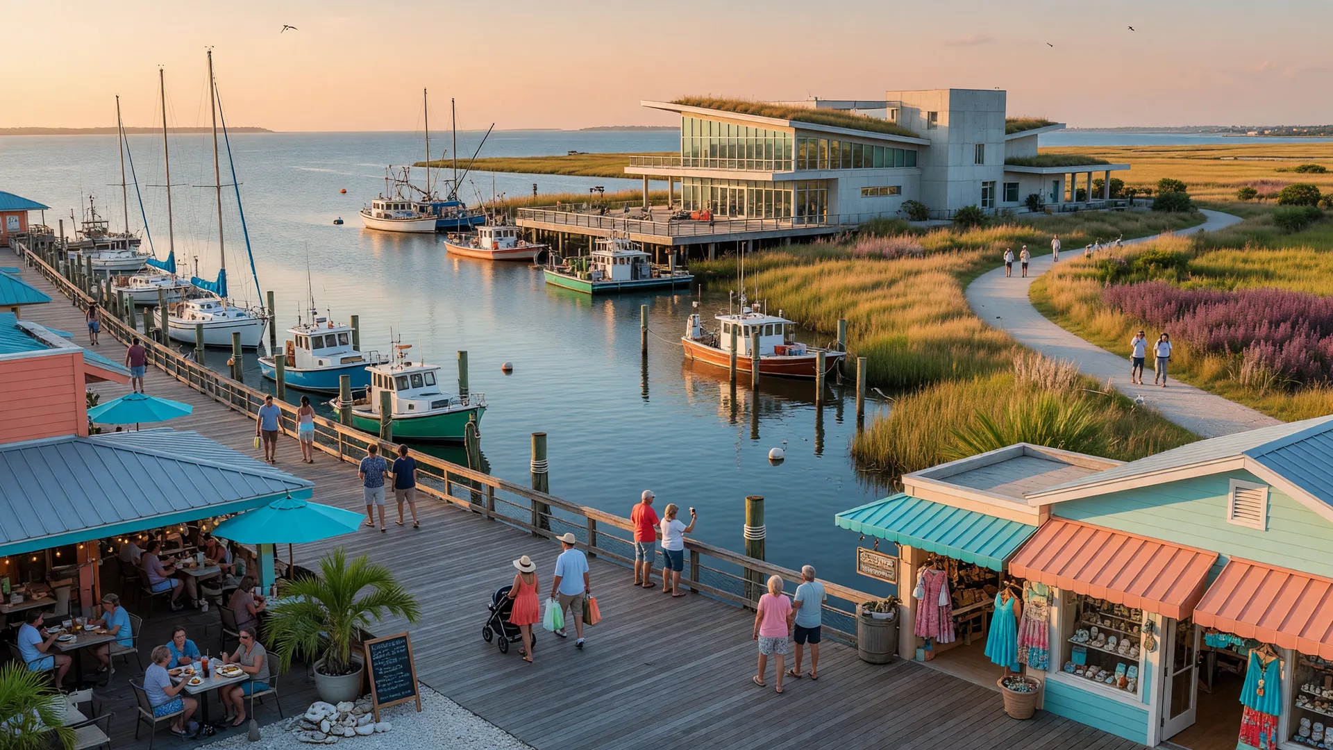 A vibrant waterfront boardwalk on Galveston Bay with restaurants and shops