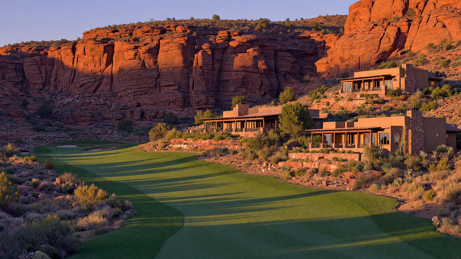 AI-rendered concept image of The Ledges golf fairway beneath towering red rock ledges near Snow Canyon