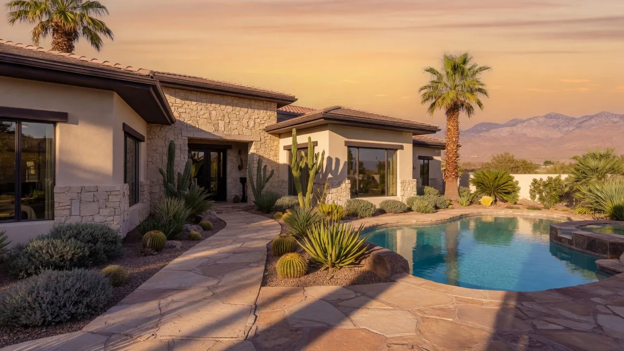 Established luxury Las Vegas home with stone facade, mature desert landscaping and a backyard pool at late afternoon