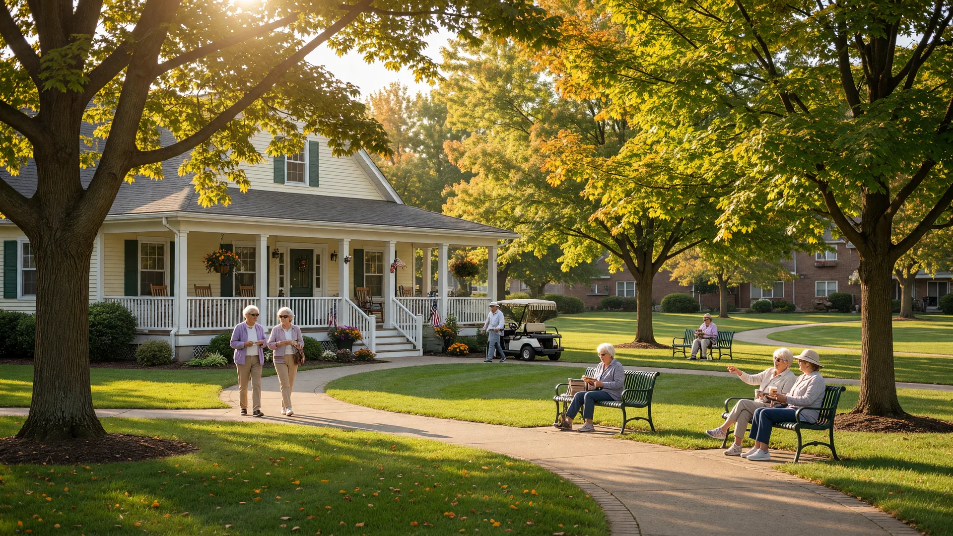 A peaceful retirement community in Northwest Indiana with tree-lined walking paths, a charming clubhouse, and warm afternoon light filtering through oak and maple trees