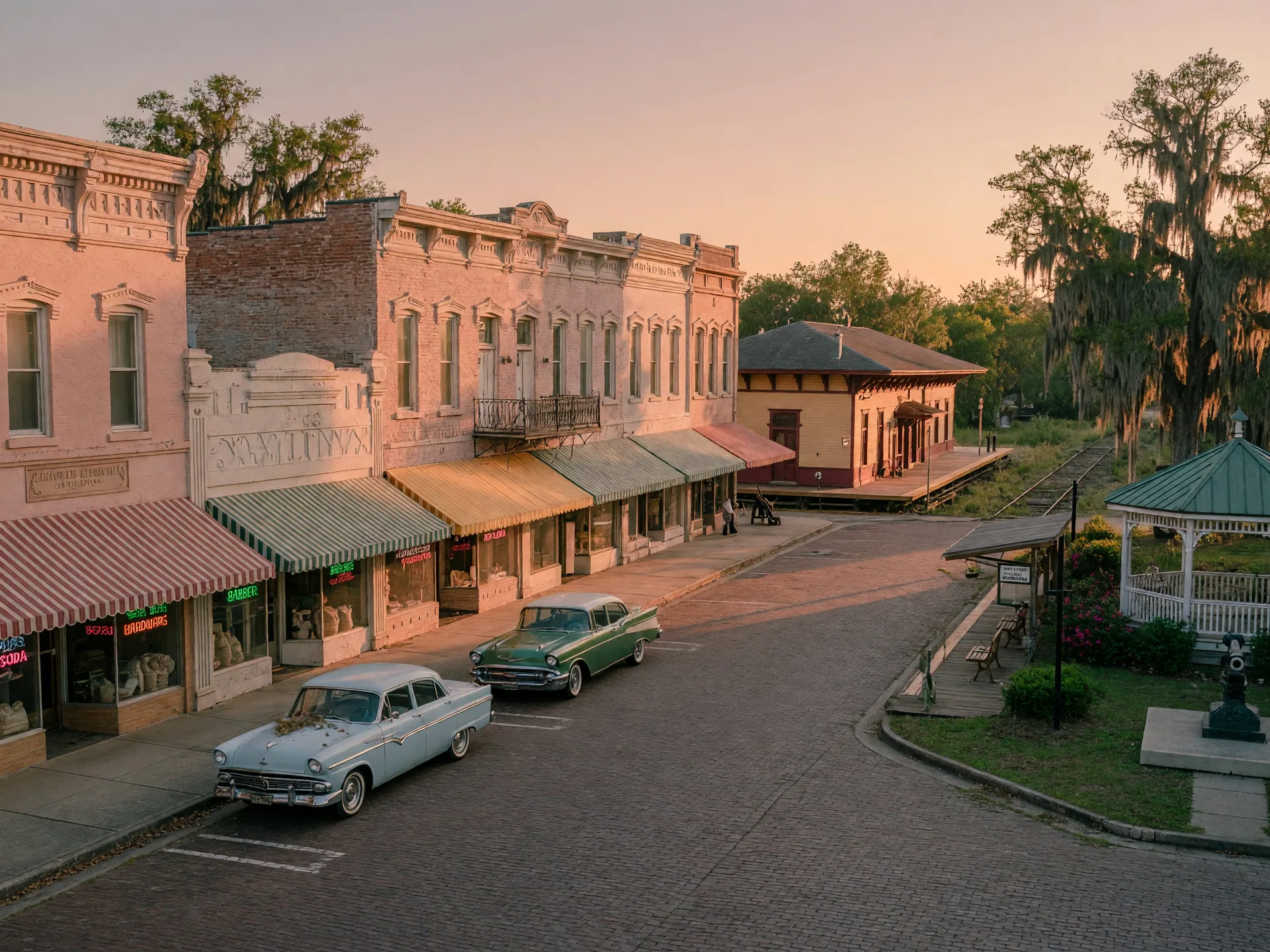 Historic downtown Auburndale, Florida with brick street, early 1900s storefronts, and train depot