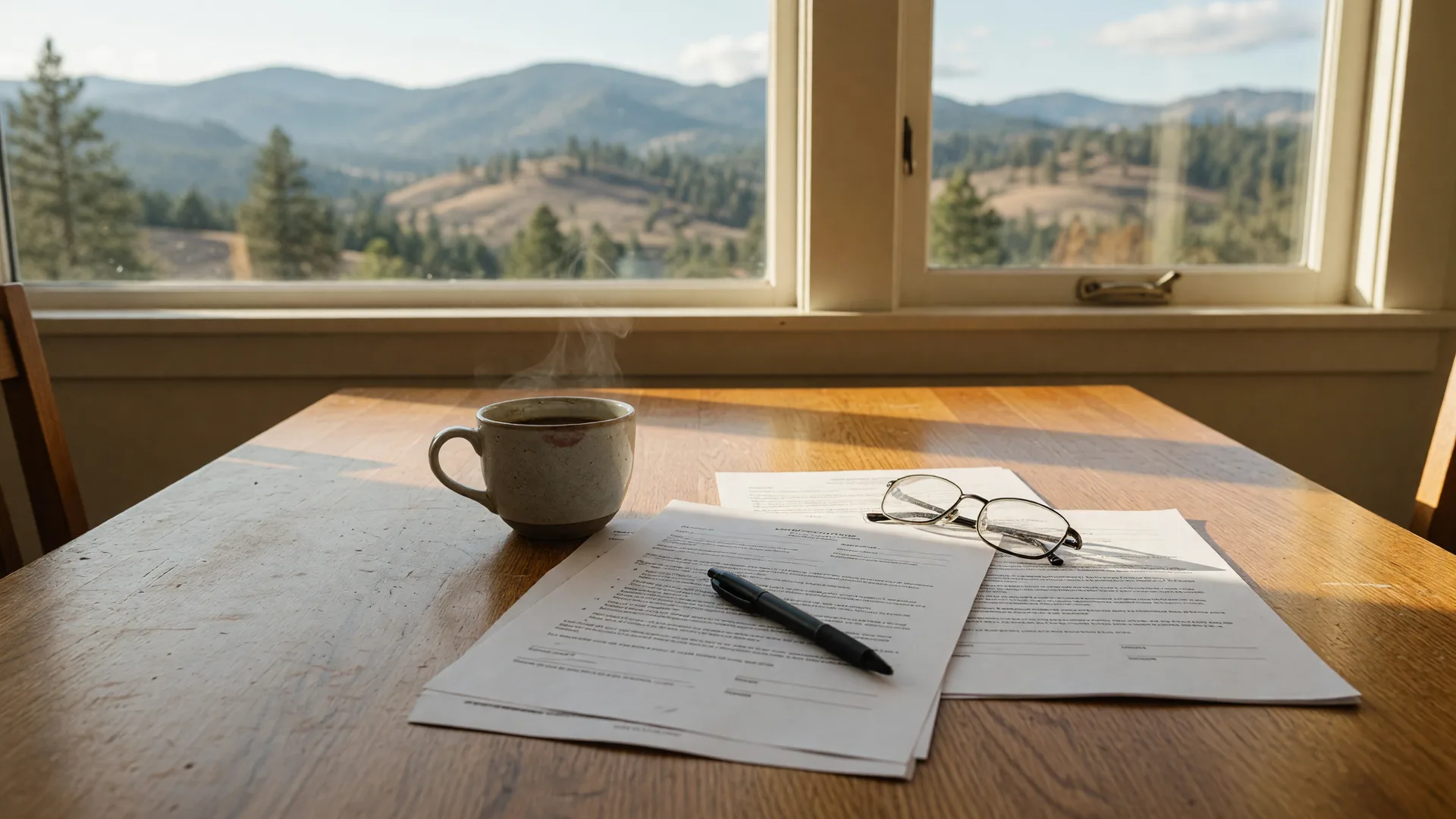 A residential purchase agreement, pen, reading glasses, and coffee on a seller's kitchen table, with Rogue Valley foothills visible through the window