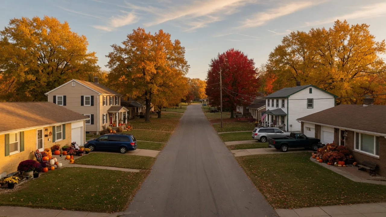 Tree-lined residential street in a Kansas City Northland neighborhood in late October with peak fall color