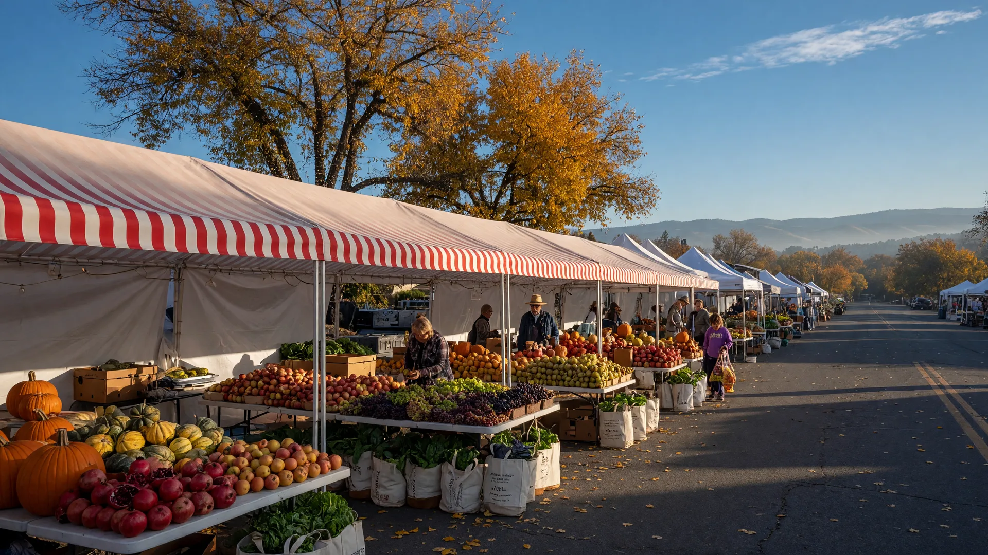 A Central Valley farmers market on a closed-off main street in Merced County on a bright late-October Saturday morning, red-and-white striped vendor tents, tables stacked with pumpkins, winter squash, pomegranates, apples, and grapes, golden cottonwood and valley oak trees turning amber behind the stands, and the hazy Sierra Nevada foothills on the horizon