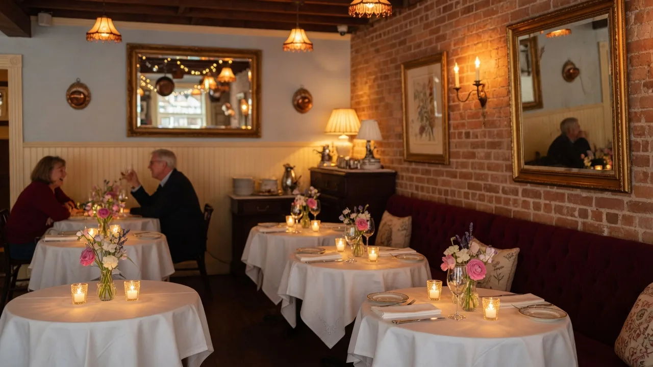 The elegant interior of Coldwater Cafe in Tipp City with white linen tablecloths, gold-framed mirrors, candlelight, fresh flowers, and exposed brick accents