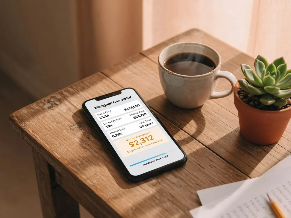 Smartphone mortgage calculator app for home affordability estimate with coffee and succulent
