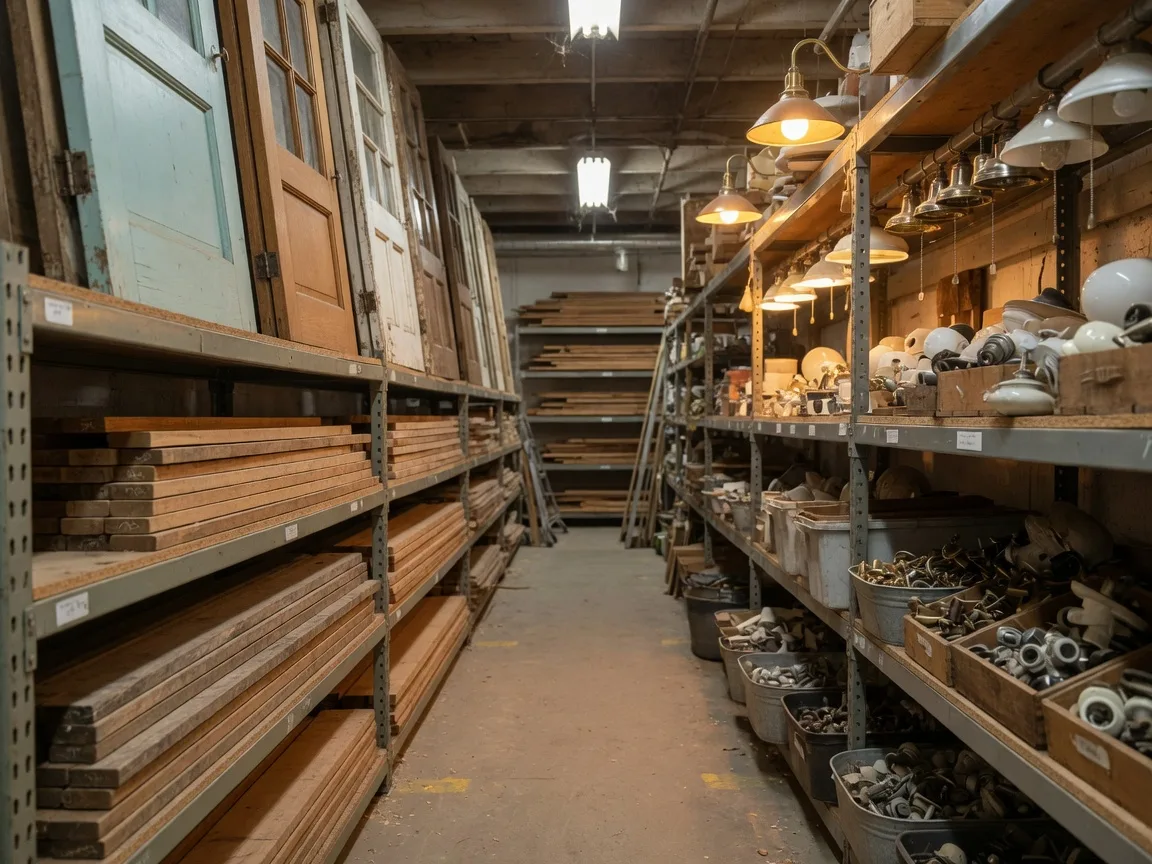 An aisle of a building materials reuse store with clean used lumber, doors, and lighting fixtures on organized shelving.