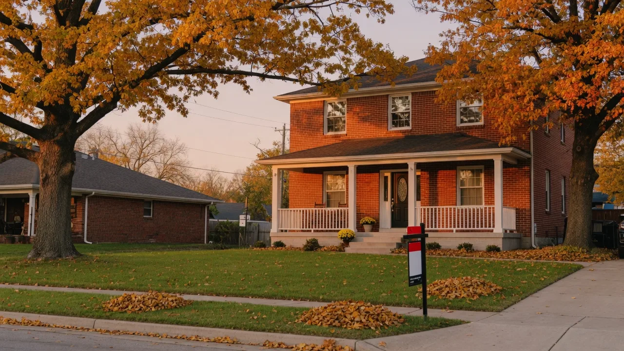 Warm autumn view of a brick home for sale in a Tulsa Metro suburb with a covered front porch and mature oak trees
