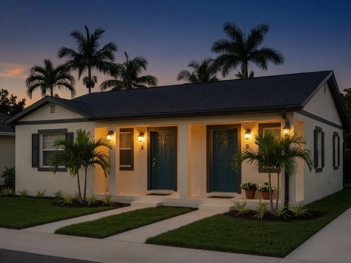 A tidy Florida rental duplex with warm golden porch light glowing at dusk
