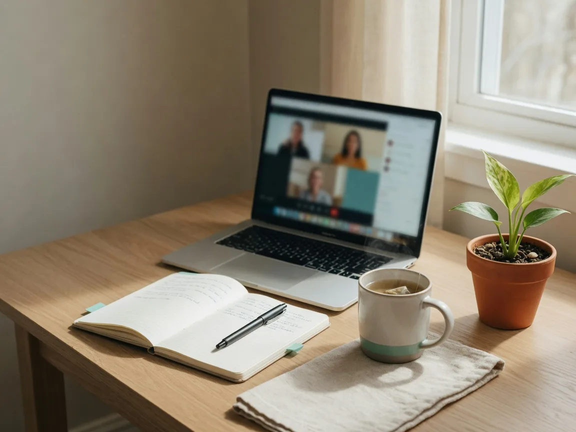 A home office desk in soft daylight with a laptop on a video call, a cup of tea, and a notebook