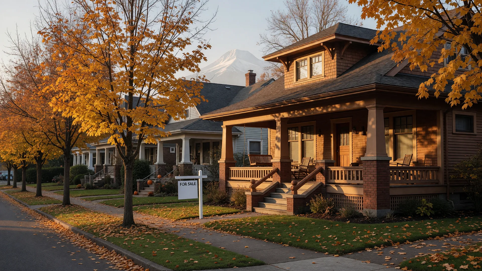 A craftsman home on a Portland-area street in late October, maples turning gold and amber, a for-sale sign in the tidy front yard under late-afternoon light