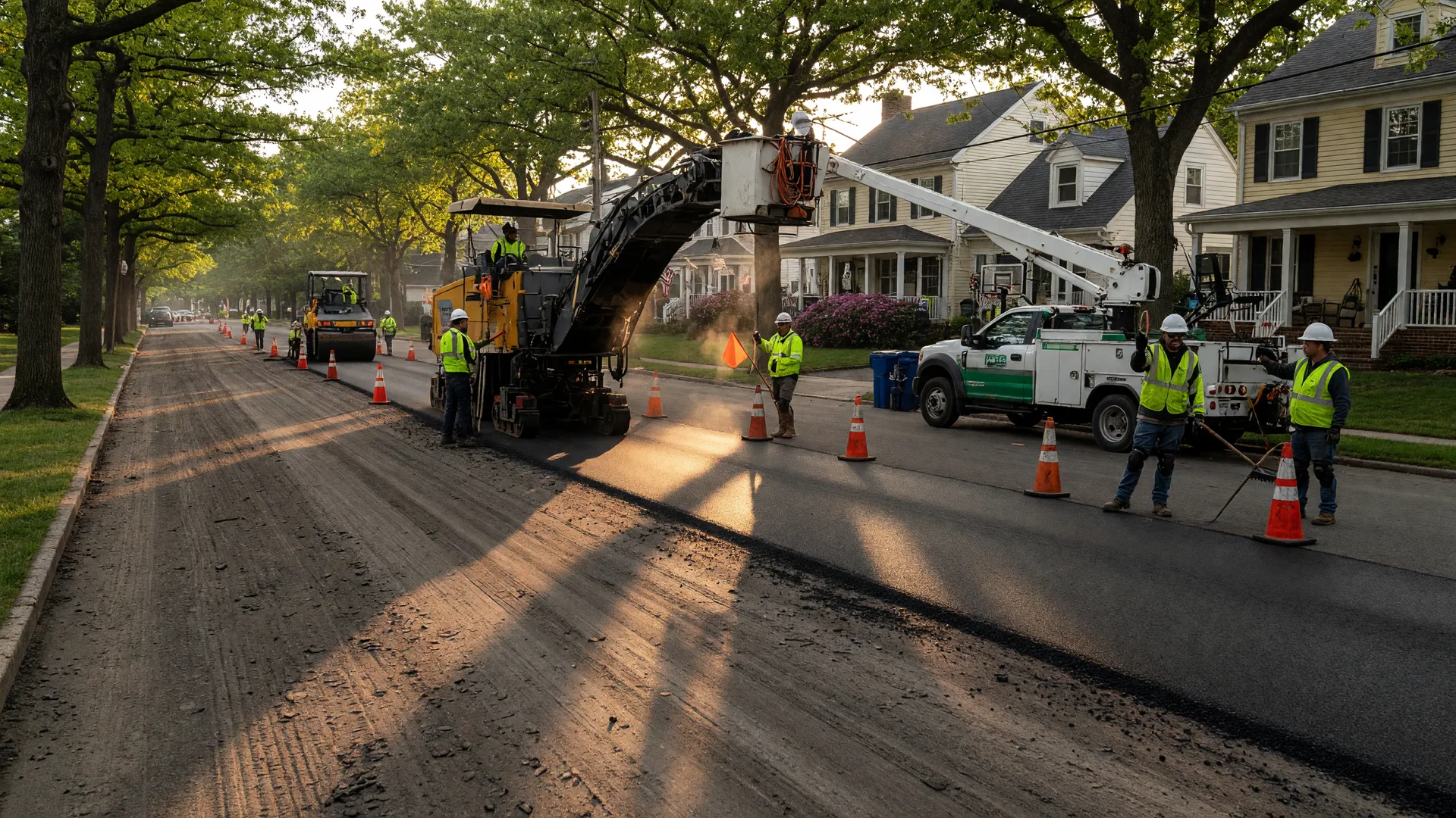 A road repaving crew works on a tree-lined Montclair residential street with a milling machine, orange cones, and a utility truck