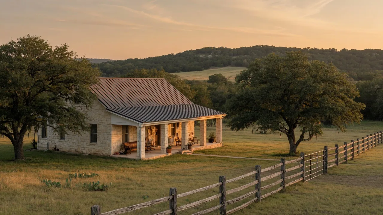 A limestone ranch-style Hill Country home near Boerne, TX with a metal roof and wide porch among live oaks at golden hour, the kind of house a home inspector in Boerne TX reviews