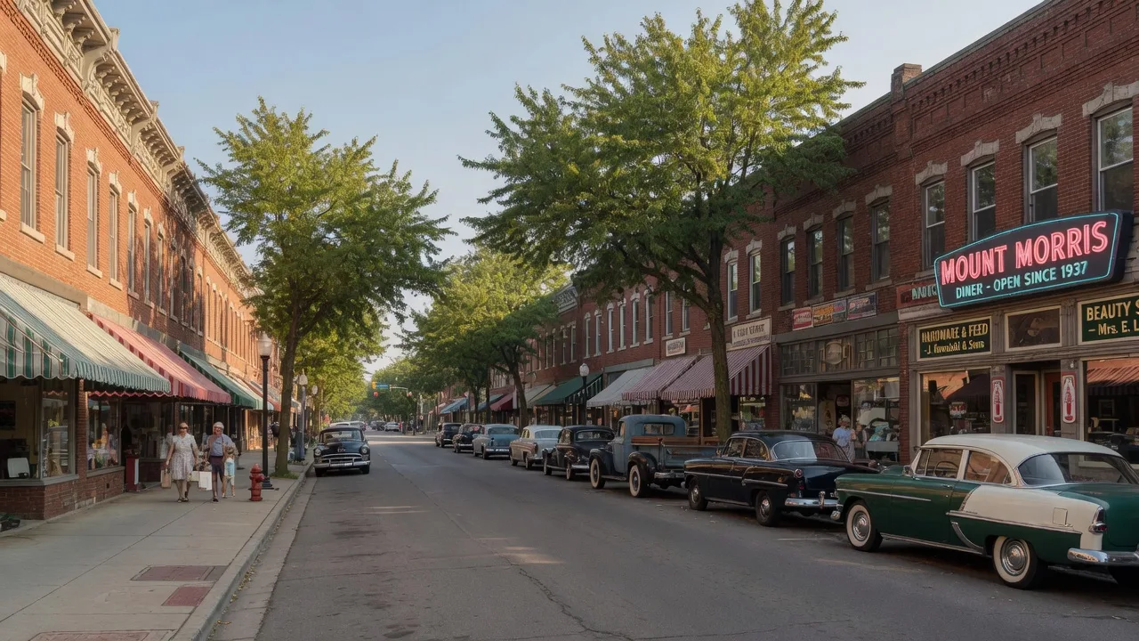 The historic main street of Mount Morris, Michigan with early-1900s brick storefronts, striped awnings, and mature trees on a sunny late-summer morning