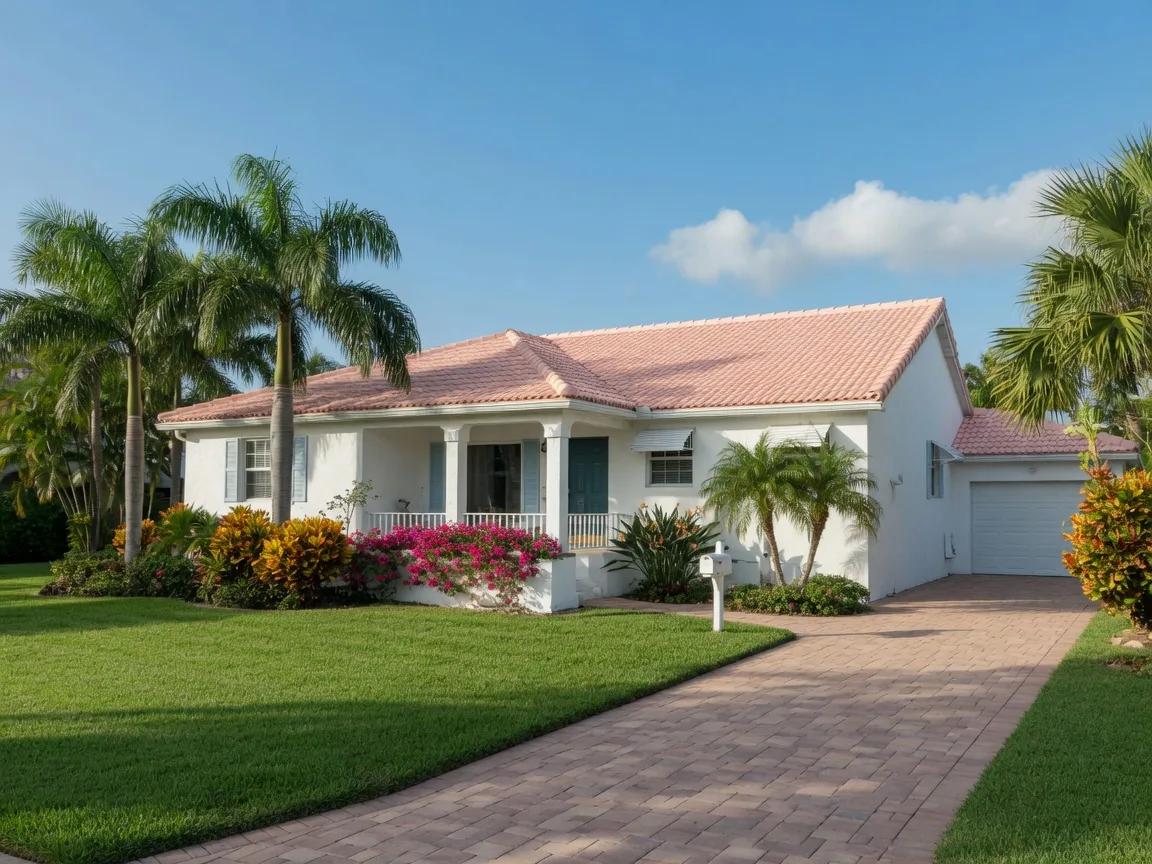 A typical single-story Florida Gulf Coast home with a tile roof and mature palms, representative of Bradenton's mid-priced neighborhoods