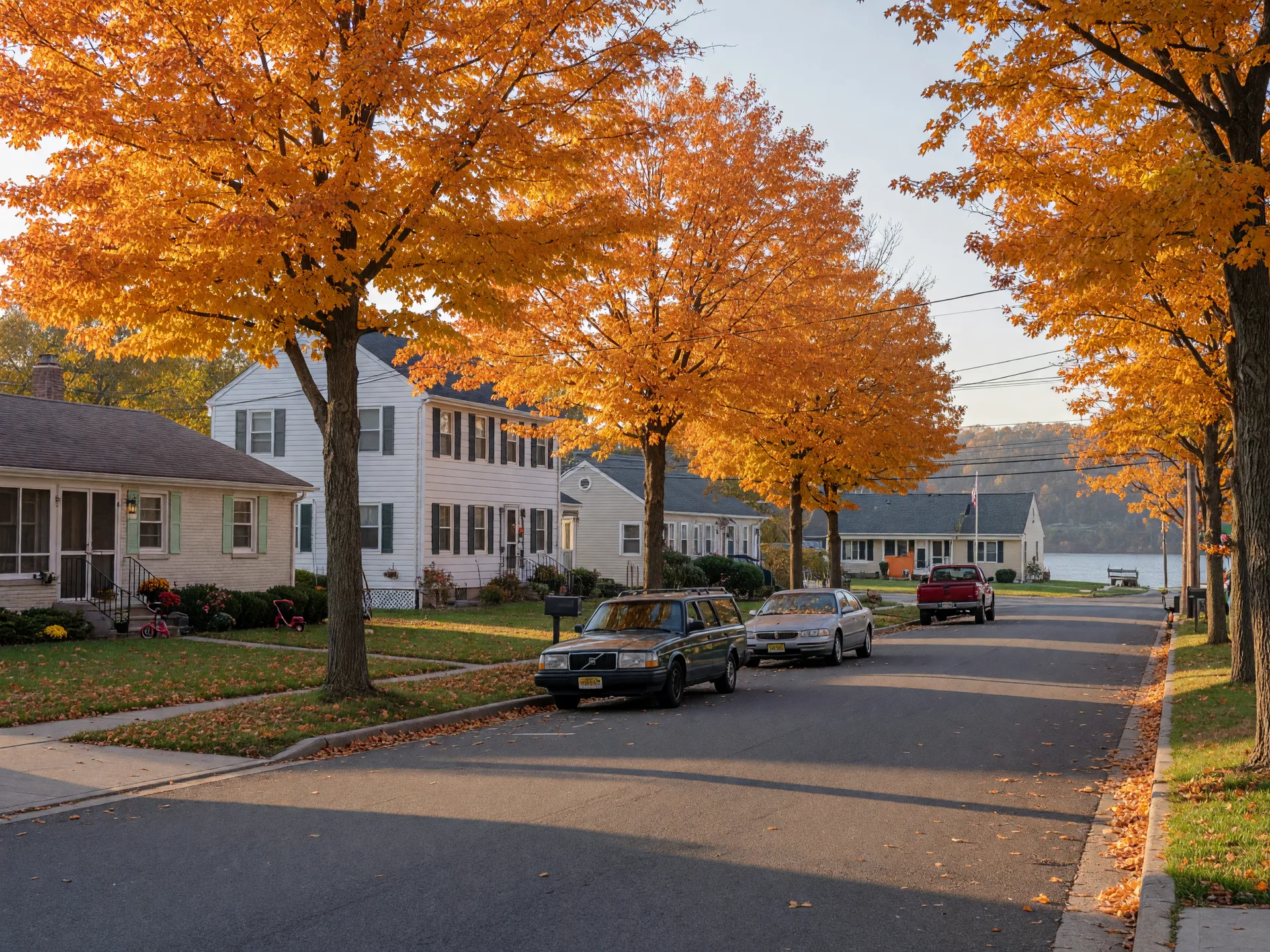 A quiet tree-lined residential street in a South Jersey river town on a sunny autumn day, with mid-century homes and maples in orange and gold