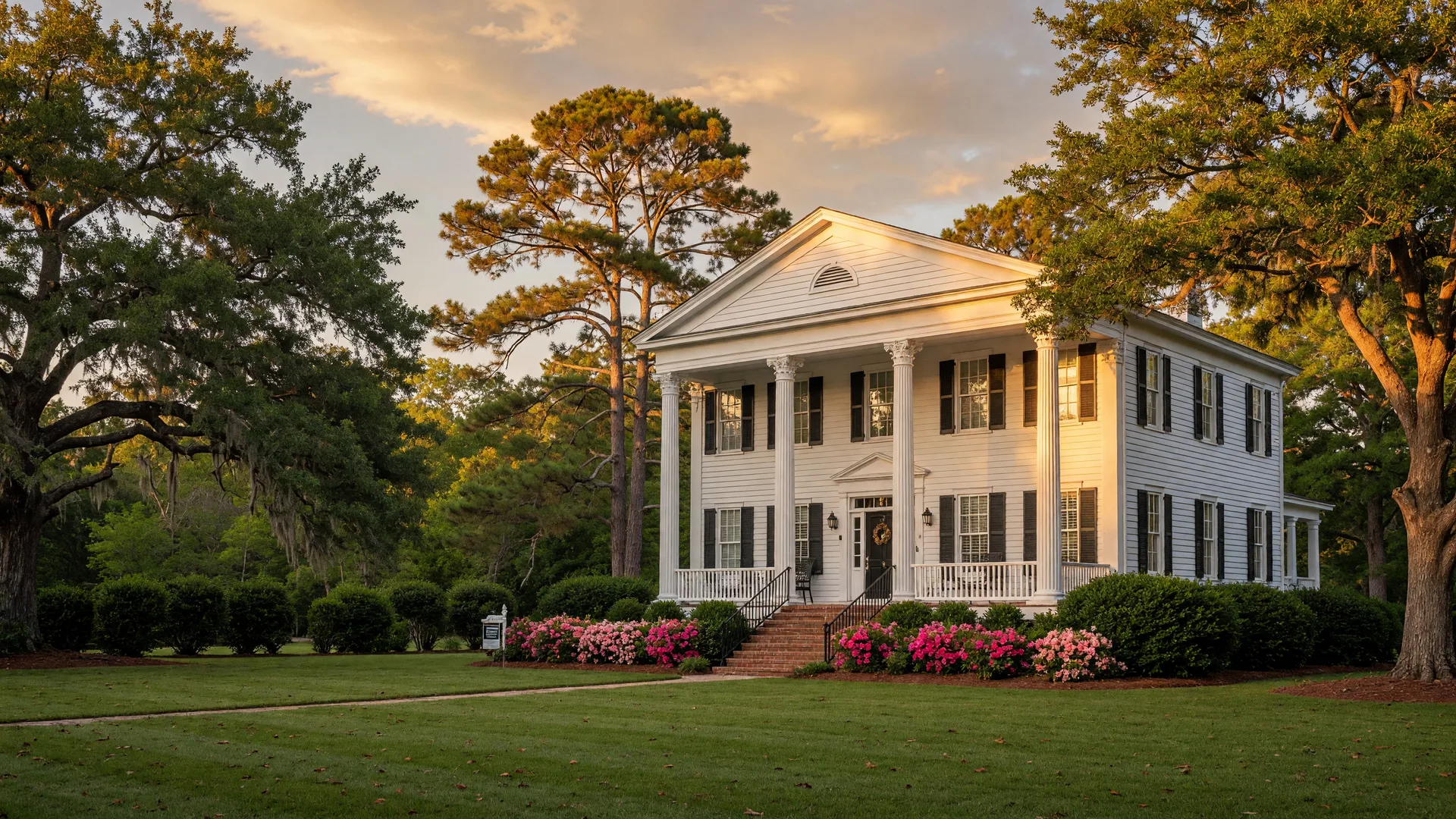 A white-columned Southern home with a wide front porch among longleaf pines in Moore County at golden hour