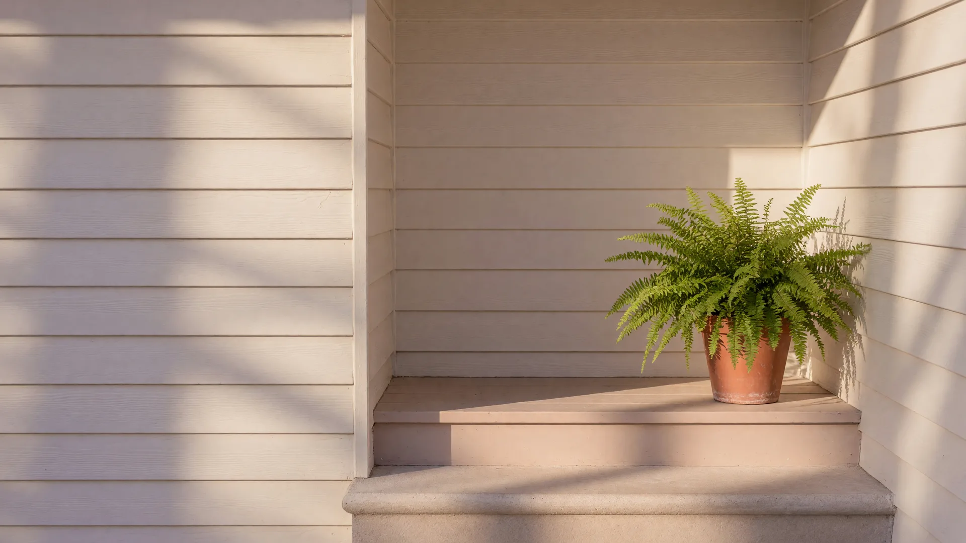 Warm morning light across a simple single-story entry