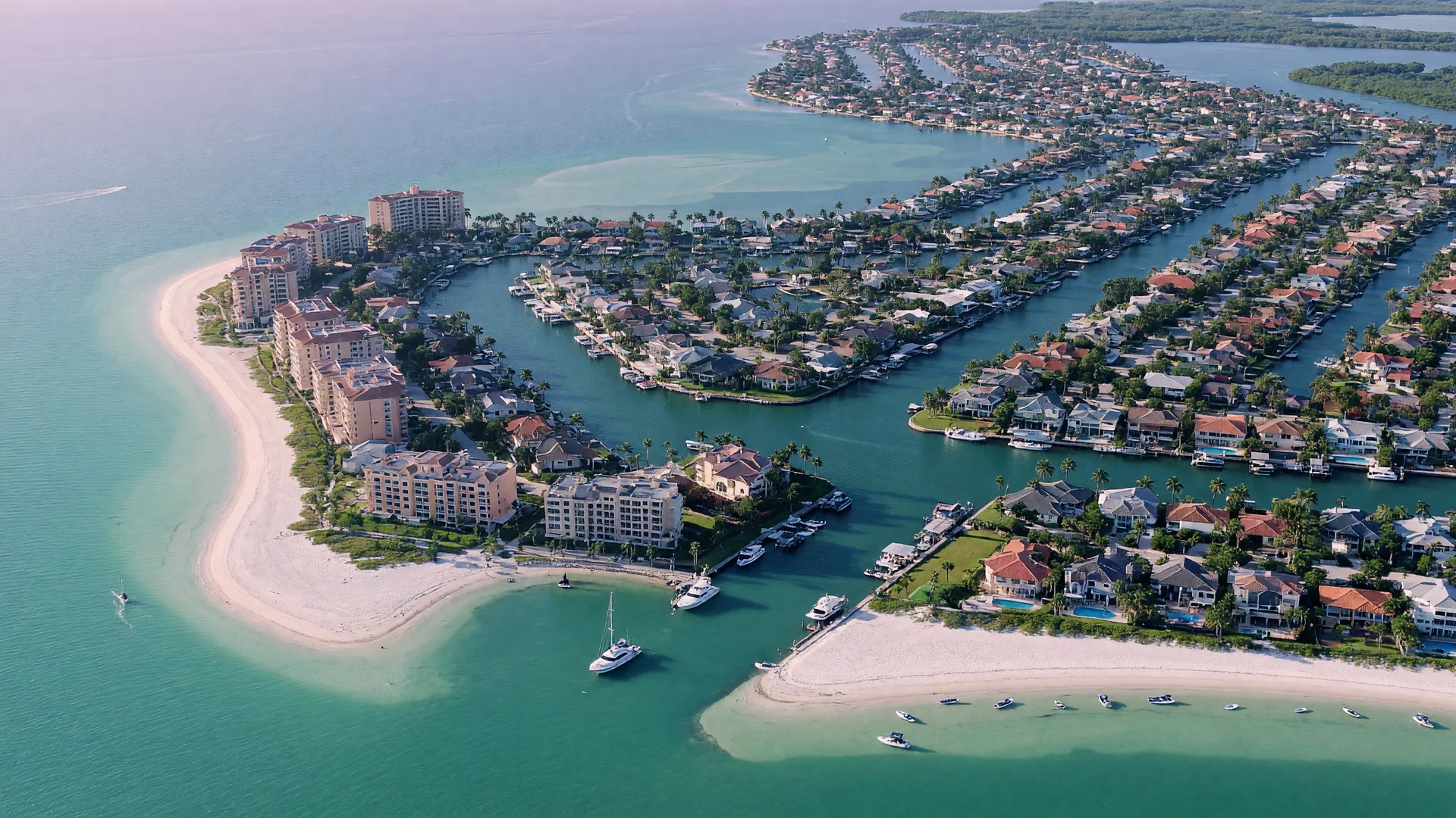 Aerial view of Marco Island, Florida with turquoise Gulf water, white sand beaches, and canal-lined neighborhoods of waterfront homes with boat docks