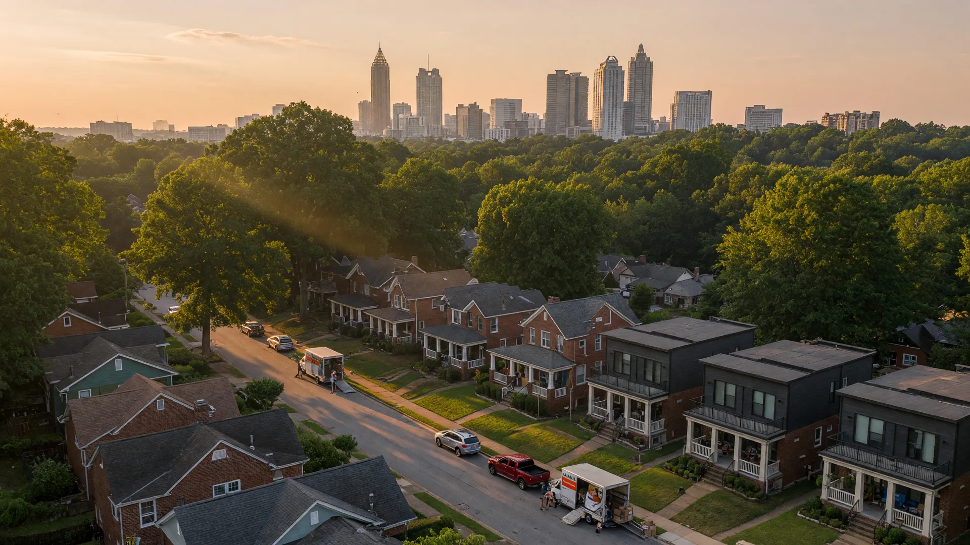 A golden-hour view over Atlanta intown residential neighborhoodswith brick bungalows under a green tree canopy and the Midtown and Buckhead skylines rising in the distance