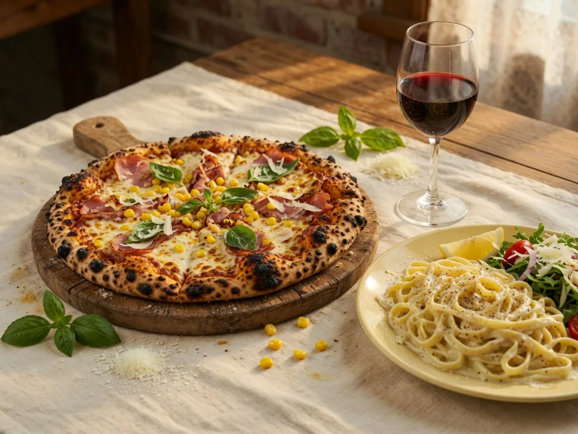 Rustic Spring Pizza with ham, bacon and corn beside fettuccine alfredo and red wine on a cream linen table at Al Dente Restaurant and Pizza in Hoschton Georgia