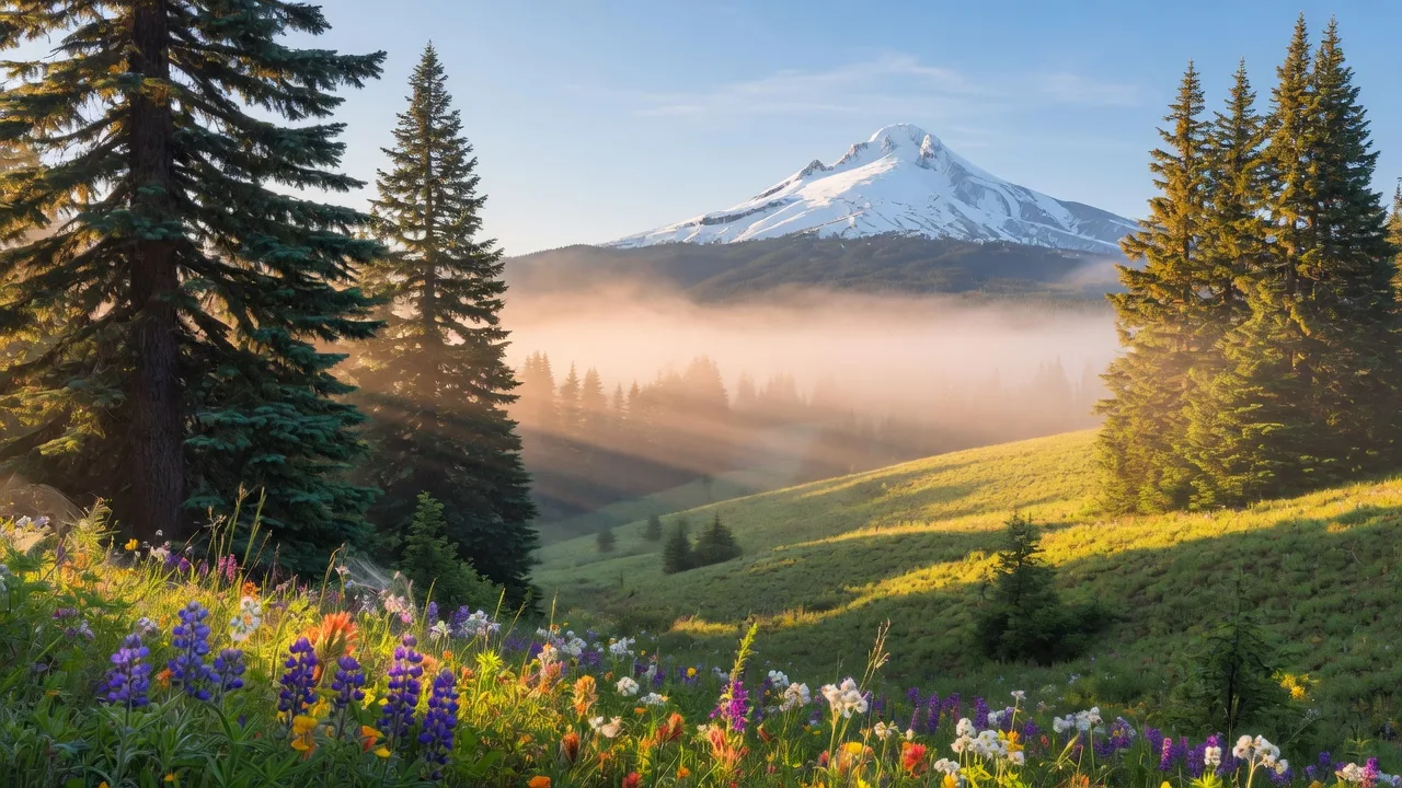 Sunlit Pacific Northwest meadow with Mount Hood