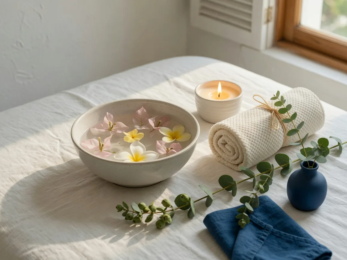 Calm spa detail in Old Naples, Florida with a ceramic bowl of floating petals, rolled cream towels, a lit candle, and eucalyptus on white linen in soft window light