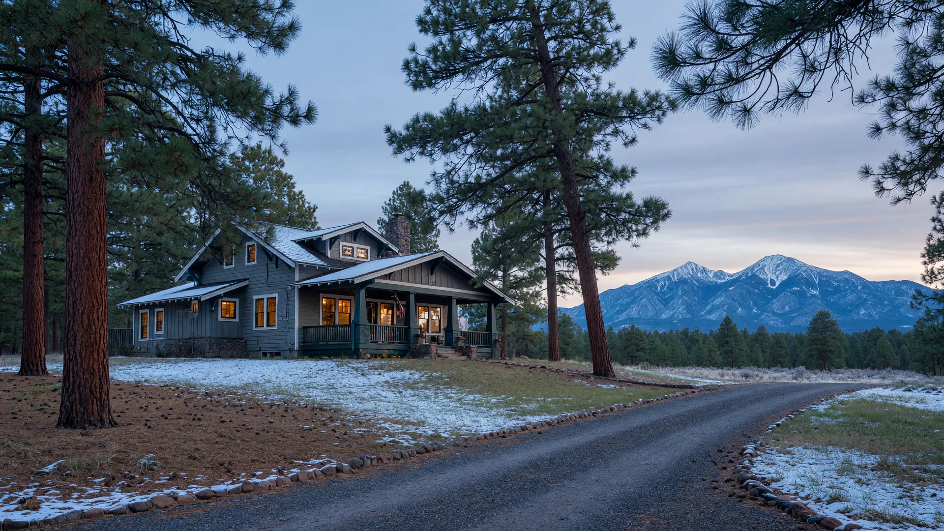 Craftsman-style single-family home in a Flagstaff pine forest with a gravel driveway and the snow-dusted San Francisco Peaks under a cool blue-grey morning sky