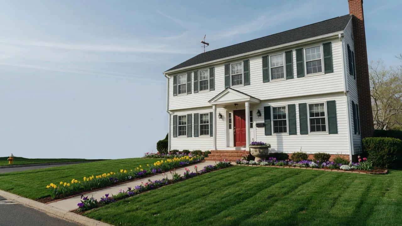 Well-maintained South Jersey colonial home on a sunny morning with manicured landscaping and a clear front yard with no signage