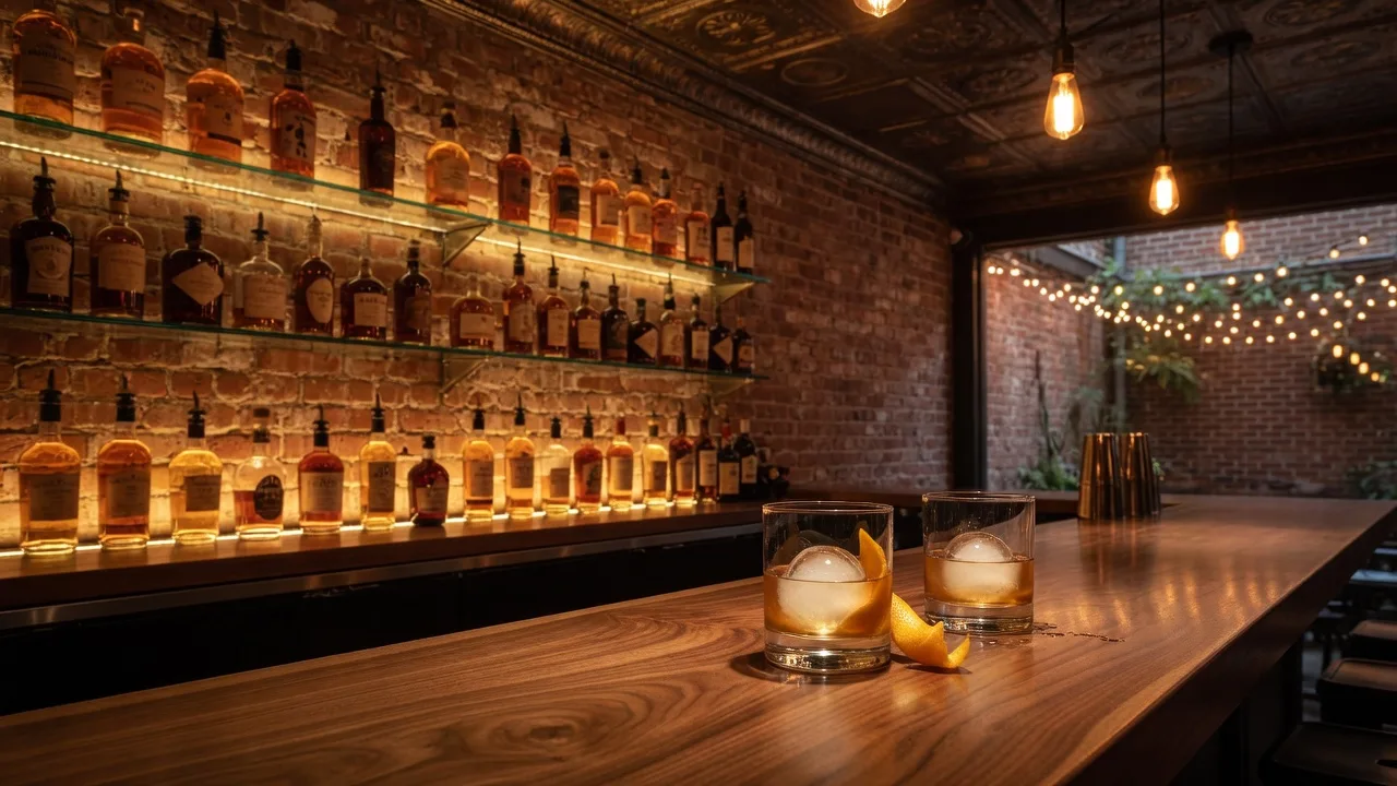 A candlelit craft cocktail bar with a walnut counter, amber bottle shelves, and exposed brick in an old Pasadena building