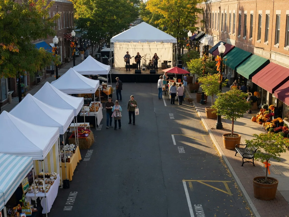 Clarendon Day street festival in the Clarendon neighborhood of Arlington, Virginia with white vendor tents, local food and craft stalls, and a live music stage along a block closed to cars in warm late-September afternoon light