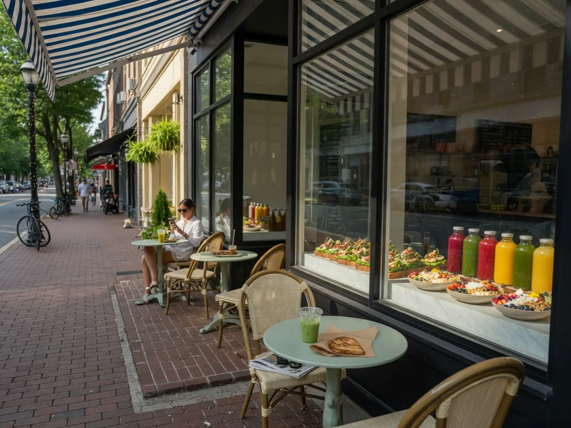 A bright modern cafe storefront on Church Street in downtown Montclair NJ with outdoor patio seating