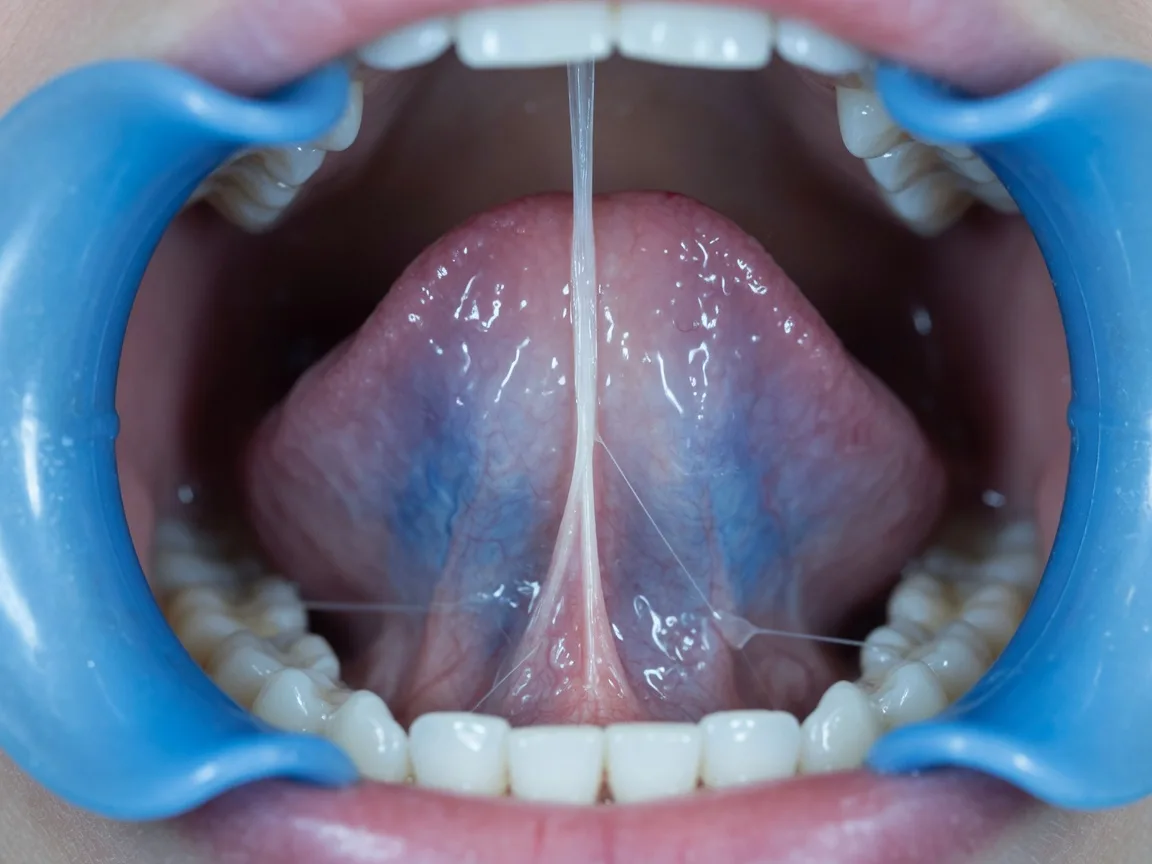 Clinical close-up photograph of tongue-tie (ankyloglossia) showing the short, tight lingual frenulum restricting tongue movement