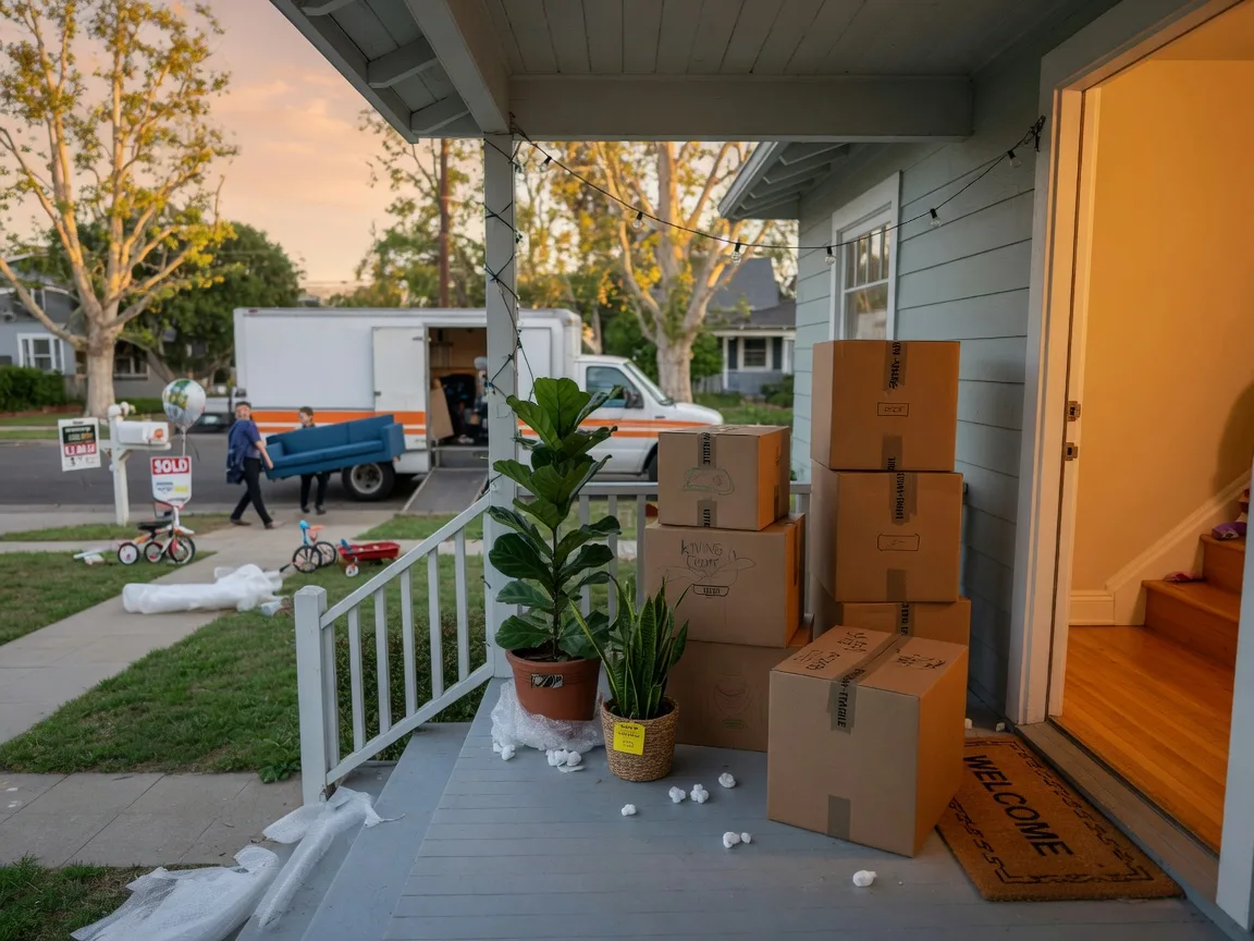 A sunlit suburban front porch stacked with moving boxes and houseplants at golden hour, an open front door spilling warm light, with a moving van blurred down the street, representing a family moving up to their next home