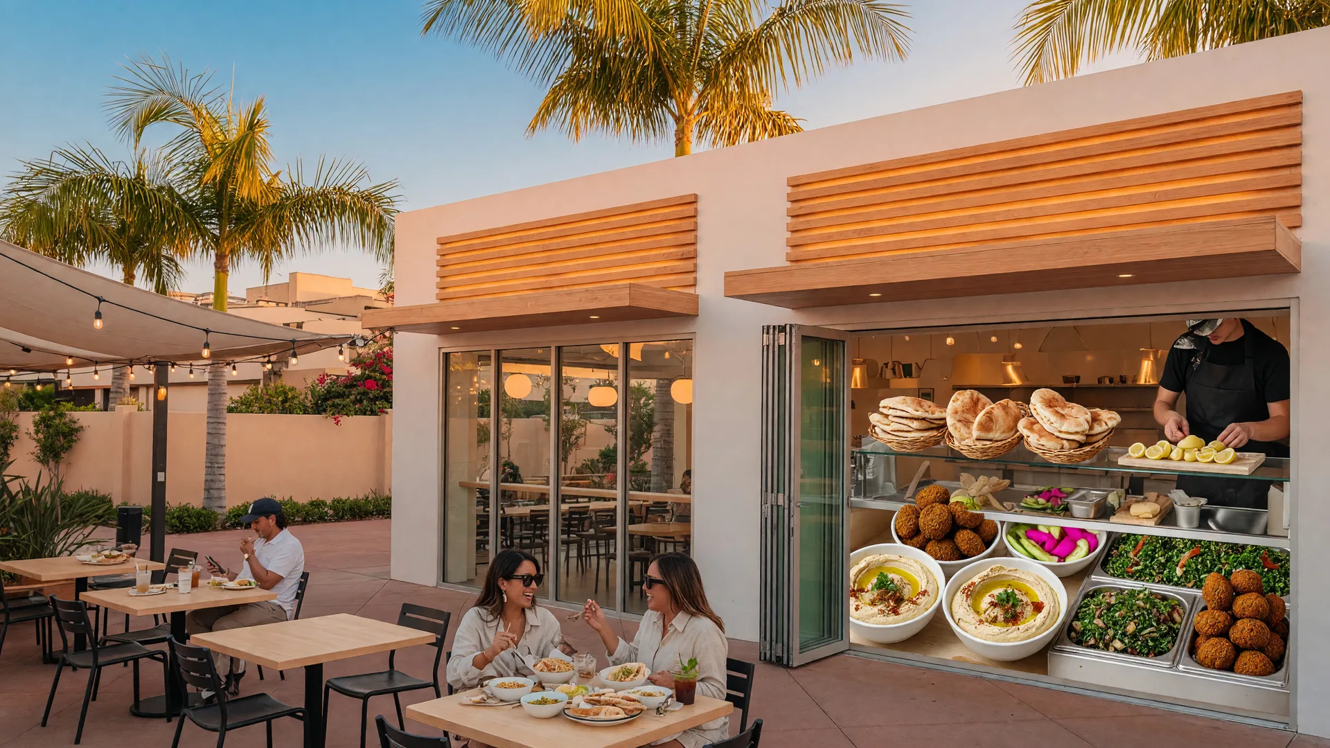 The bright storefront of a modern Mediterranean restaurant in a Santa Clarita shopping center at golden hour