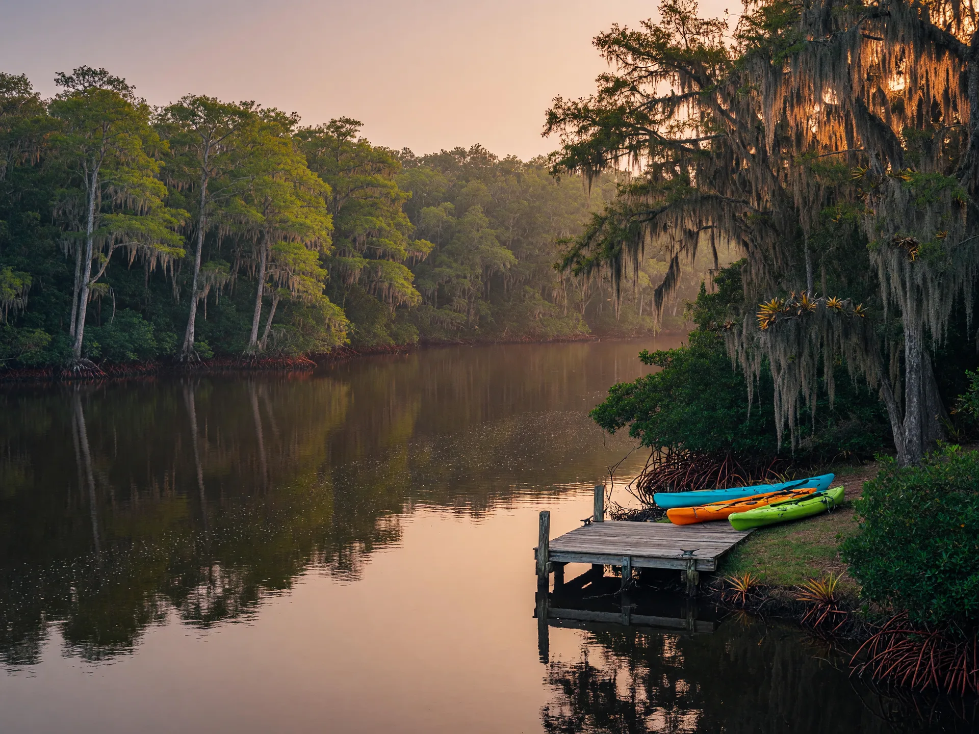 The Loxahatchee River at Tequesta at late afternoon, glassy dark water lined with mangroves and live oaks, a wooden dock with kayaks