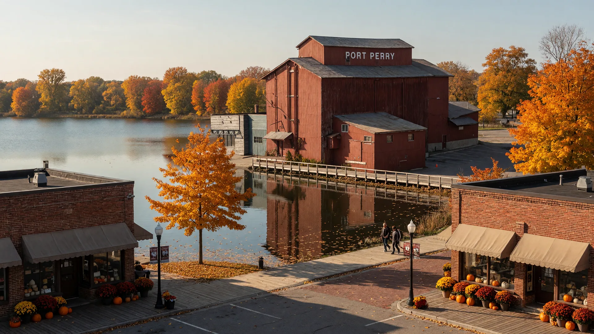Port Perry's historic red mill beside Lake Scugog with golden maples along the waterfront in late October