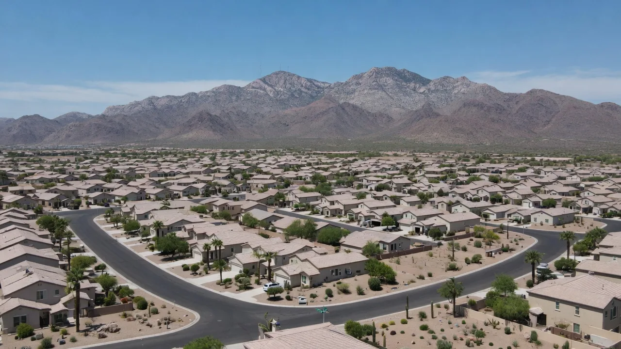 Golden hour view of Surprise, Arizona, with master-planned neighborhoods stretching toward the White Tank Mountains
