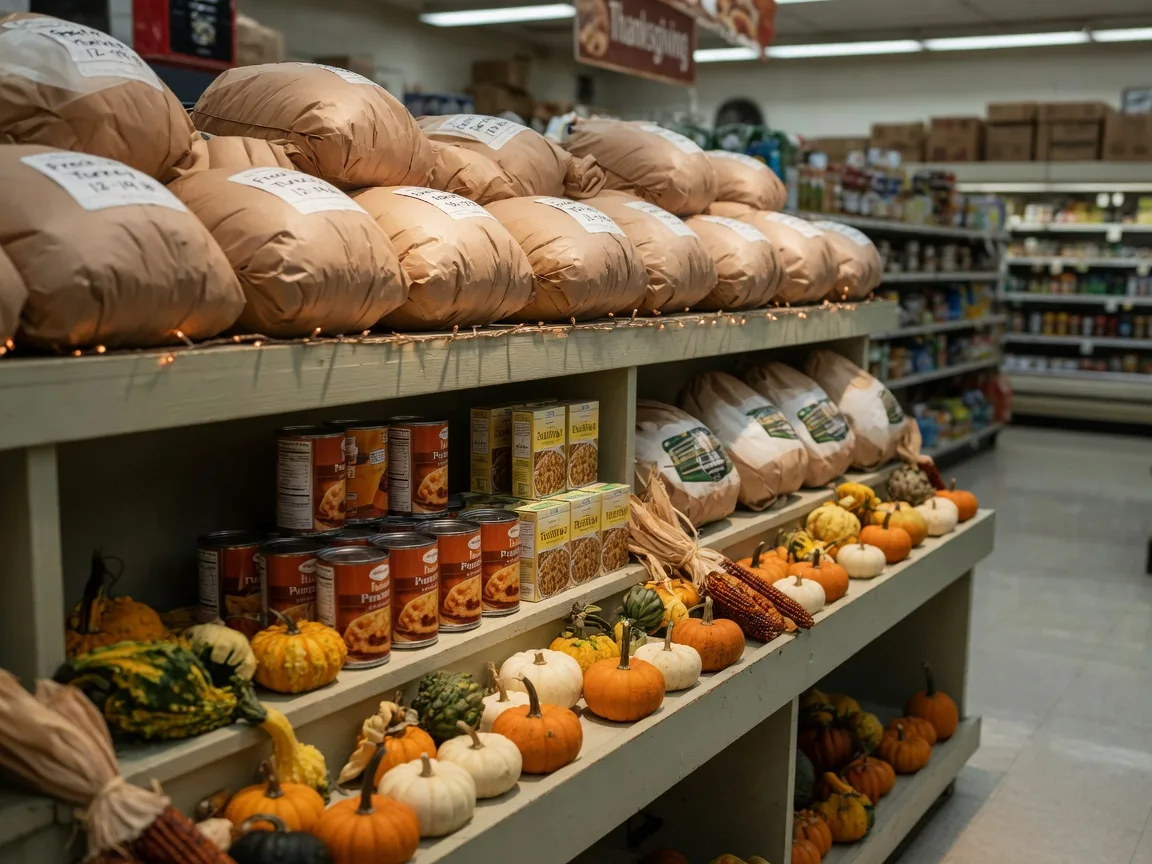 A well-stocked grocery store holiday display with whole turkeys, canned pumpkin, and stuffing mix on wooden shelves