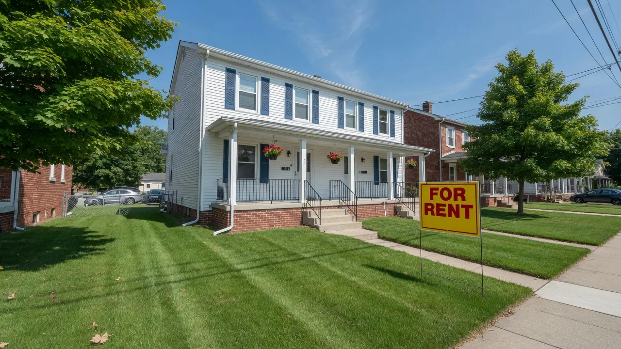 A well-maintained duplex rental property in Dayton Ohio with freshly painted exterior, manicured lawn, and a for rent sign on a sunny day